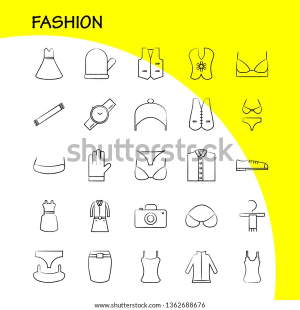 Fashion Hand Drawn Icons Set For Infographics,
Mobile UX/UI Kit And Print Design. Include: Top, Cloths, Dress,
Garments, Top, Cloths, Collection Modern Infographic Logo and
Pictogram. - Vector