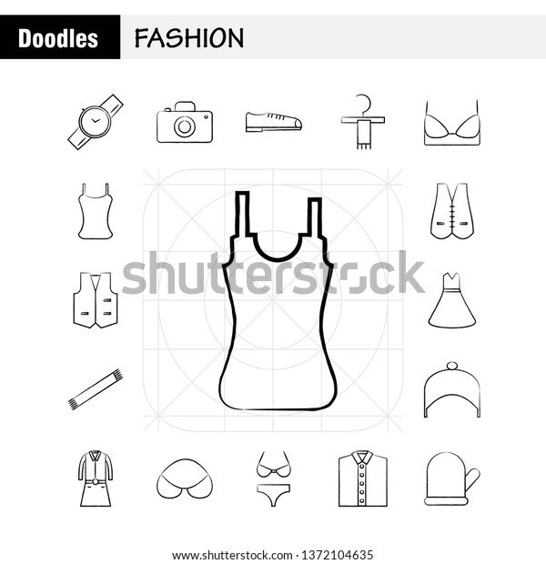 Fashion Hand Drawn Icons Set For Infographics,\
Mobile UX/UI Kit And Print Design. Include: Top, Cloths, Dress,\
Garments, Top, Cloths, Dress, Garments, Collection Modern\
Infographic Logo and\
Pictogram.