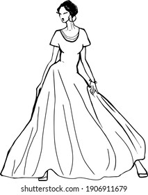 Fashion hand drawn illustration. Vector sketch. Long dress. Bride.