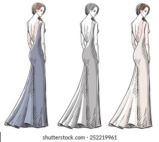 Fashion hand drawn illustration. Vector sketch. Long dress.