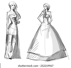 Fashion hand drawn illustration. Vector sketch. Long dress.