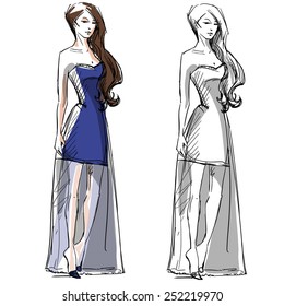 Fashion hand drawn illustration. Vector sketch. Long dress.