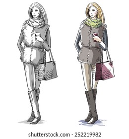 Fashion hand drawn illustration. Vector sketch.street fashion.