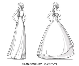 Fashion hand drawn illustration. Vector sketch. Long dress. Bride.