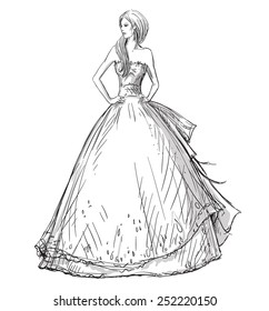 Fashion hand drawn illustration. Vector sketch. Long dress. Bride.