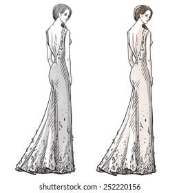 Fashion hand drawn illustration. Vector sketch. Long dress.