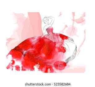 Fashion hand drawn illustration. Vector sketch. Long dress. Bride.