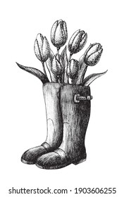 Fashion hand drawn spring cute black ink vector illustration garden. Bouquet of tulips in rubber boots. 