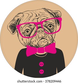 Fashion Hand Drawn Vector Portrait of Pug Dog in glasses, black sweater with bow.