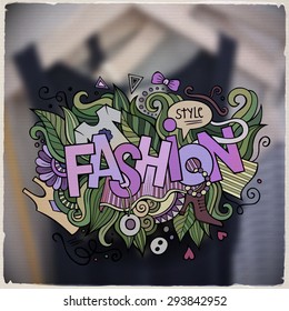 Fashion hand lettering and doodles elements and symbols emblem. Vector blurred background