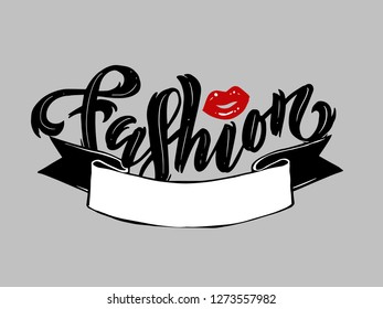 Fashion hand lettering with empty ribbon and red lips vector illustration EPS 10 isolated on grey background