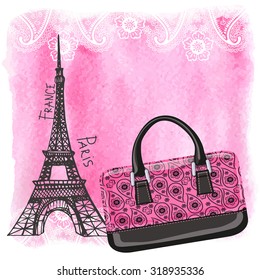 Fashion handbag with Eiffel Tower,Paris landmark. Paisley pattern and watercolor textured splash background.Artistic  Vector illustration.Gorgeous Composition in pink and black colors.Vertical Poster
