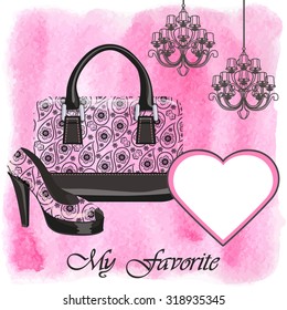 Fashion handbag with high heel shoes.Gorgeous Paisley pattern and watercolor textured splash background with chandelier.Artistic Vector illustration.Composition in pink and black color.Shopping Poster