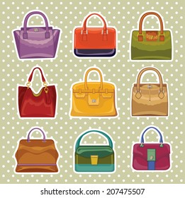 Fashion handbags Set.Multicolored  female accessory.Bags standing front on Polka dot background.Casual and festive.Vector illustration,trendy wear 