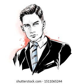Fashion handsome man, male head, close up portrait. Young stylish guy in business suit with tie and modern haircut. Vector color hand drawing