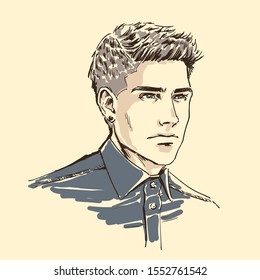 Fashion handsome man, male head, close up portrait, man haircut. Modern stylish guy with hair cut in casual clothes, shirt. Vector hand drawing for advertising of any male goods, cards for barbershop