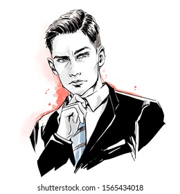 Fashion handsome man, male head, close up portrait. Thinking  stylish guy in business suit with tie and modern haircut. Color vector hand drawing