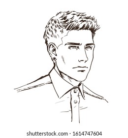Fashion handsome man, male head, close up portrait. Modern stylish guy in casual clothes, shirt. Vector monochrome hand drawing