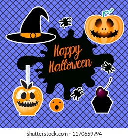 Fashion Happy Halloween design. Set of hearts hand draw. Vector illustration isolated on blue background. Black fishnet tights seamless pattern.