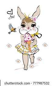 Fashion hare with an ice-cream and a bird, decorated with flowers hand drawn graphic, kid print