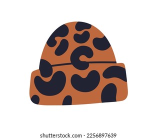 Fashion hat with leopard skin print, cheetah animal pattern. Modern trendy cuffed headwear. Animalistic leo funky headpiece. Flat graphic vector illustration isolated on white background