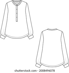 Fashion henley neck placket  buttons long sleeve gathering with cuffs flat sketch drawing vector design