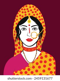 Moda y Patrimonio Uttarakhand Ropa Tradicional y Étnica Kumaoni Pichodi, Pichoda, Ilustración vectorial de retrato de mujer.