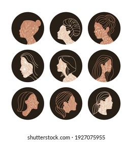 Fashion highlights covers set. Modern abstract female faces . Contemporary outline profile silhouette with colored plants for social media . Hand drawn portraits, trendy pastel vector illustrations.