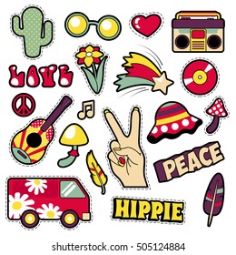 Fashion Hippie Badges, Patches, Stickers - Van Mushroom Guitar and Feather in Pop Art Comic Style. Vector illustration