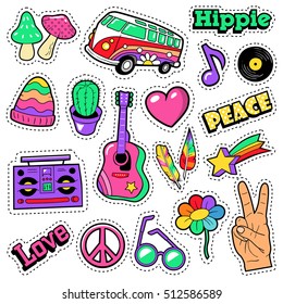 Fashion Hippie Badges, Patches, Stickers - Van Mushroom Guitar and Feather in Pop Art Comic Style. Vector illustration