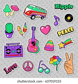 Fashion Hippie Badges, Patches, Stickers with Van Mushroom Guitar and Feather. Vector illustration