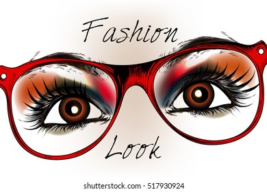 Fashion hipster background with beautiful brown eyes in red glasses. Stylish look