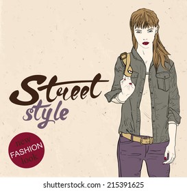 Fashion hipster girl. Hand drawn vector illustration