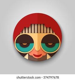 Fashion hipster icon in mask design. Hippie with sunglasses and retro haircut. Stylish vector man, retro character. Realistic digital paper. Flat icon in material design