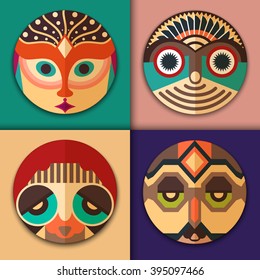 Fashion hipster icons in ethnic mask design: lovely man with beard and feathers on the head, hippie with aviator sunglasses, elegant woman and man with tribal ornament. People set icons. Vector