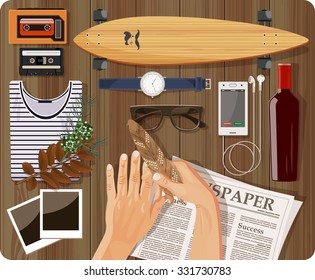 Fashion hipster man set in vintage style. Top view