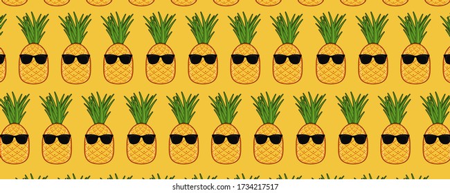 Fashion Hipster Pineapple Pattern. Tropical Fruit with Sunglasses on Yellow Background. Creative Art Concept. Summer Vibes Mood. Party Summertime Vector Illustration.