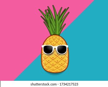 Piña Hipster de moda. Fruta tropical con gafas de sol. Concepto de arte creativo. Sentido De Los Vibes De Verano. Ilustración vectorial de verano de fiesta.