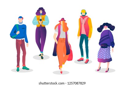 Fashion hipster young people in fashionable clothes, set characters isolated on white background. Vector flat illustration