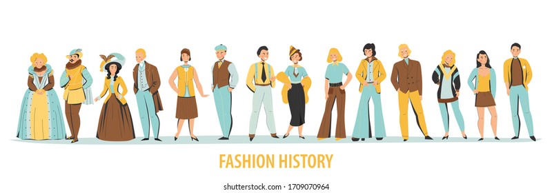 Fashion history from ancient to present horizontal line of people in their epoch costume flat vector illustration 