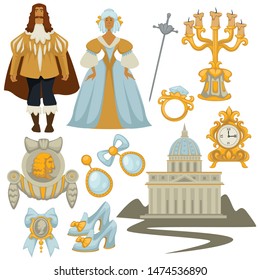 Fashion history Baroque style decor and architecture man and woman vector gold candlestick and clock ring and sword earrings and pendant, female shoes and building ball gown and male cloak with jabot