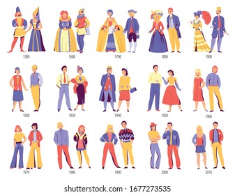 La historia de la moda diseño de ropa evolución de la edad media a la edad moderna parejas conjunto de la ilustración vectorial plana 