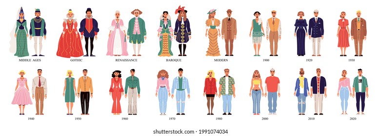 Traje de historia de la moda conjunto de hombres y mujeres vestidos con ropa desde la edad media hasta nuestros días aislado ilustración vectorial