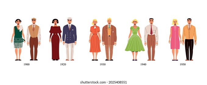 Fashion History Costume Male And Female Collection Of First Half Of 20th Century From 1900 To 1950 Year Isolated Vector Illustration