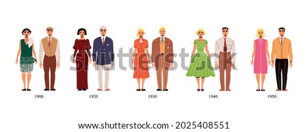 Fashion history costume male and female collection of first half of 20th century from 1900 to 1950 year isolated vector illustration