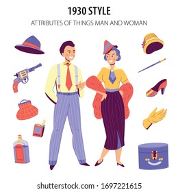 Fashion history flat composition with couple dressed in 1930 style clothing footwear hats accessories revolver vector illustration 