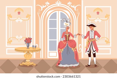 Fashion history flat illustration with lady and gentleman dressed in clothes of 18th century vector illustration