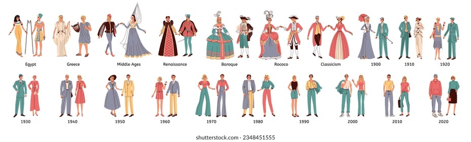 Historia de la moda conjunto plano de parejas humanas vestidas al estilo de la edad media rococo renacentista barroco y moderno ilustraciones vectoriales aisladas