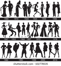 Fashion history, man and woman silhouettes, vector, illustration