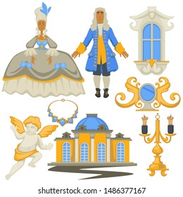 Fashion history Rococo style, decor and architecture, man and woman vector. Gold candlestick and jewelry, mirror and angel statue, window. Girl in ball gown and guy in wig, building with pillars